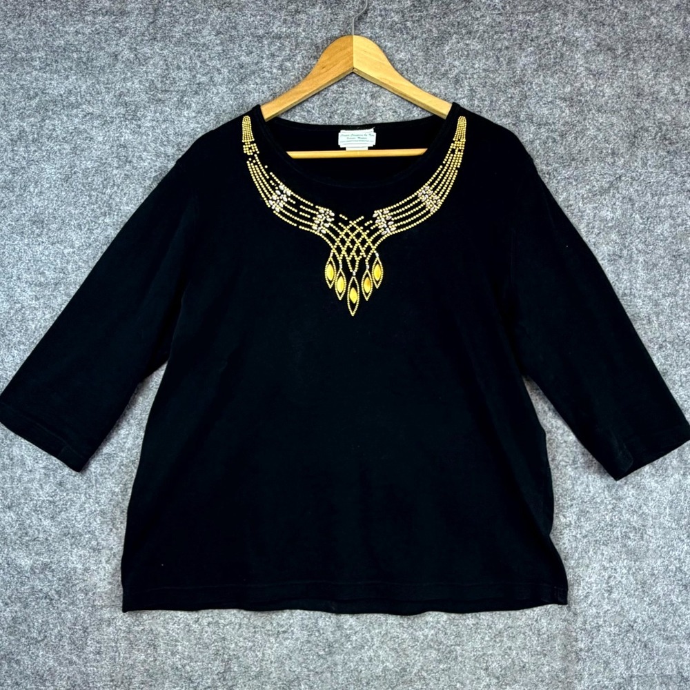 Classic Creations By Nan Blouse Top‎ Womens XL Black Gold Art Deco Grandma Chic